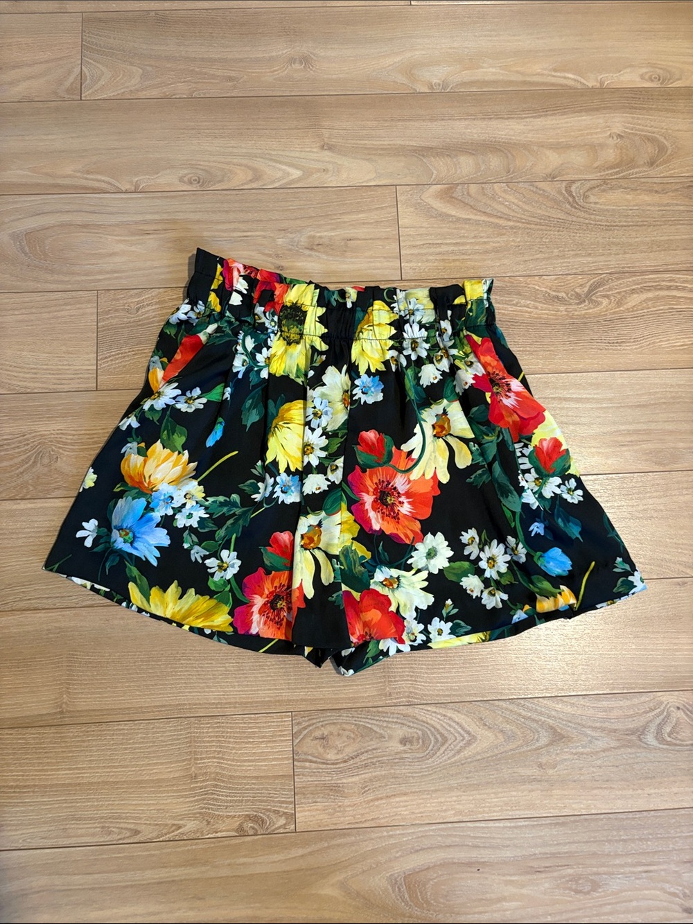 Zara Black High-Waist Floral Shorts with Red, Yellow, Blue & Green Flowers